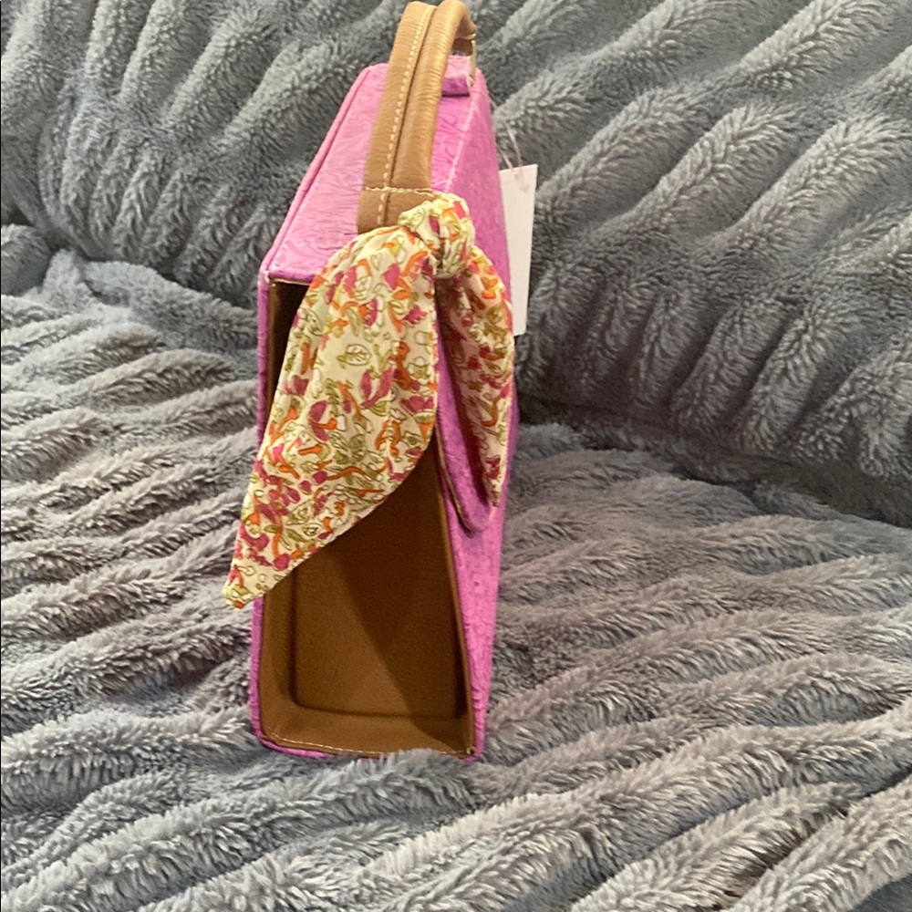 Pink Embossed Handbag with Scarf Accent - Picture 4 of 7